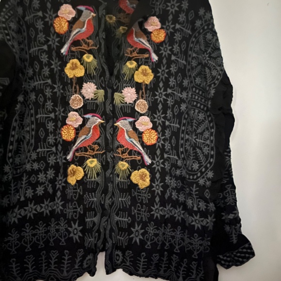 Johnny Was black heavily embroidered LS top birds RARE - Picture 3 of 16
